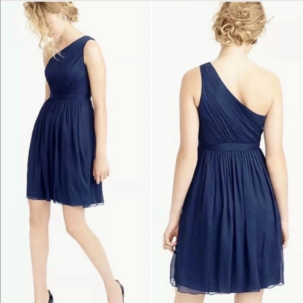 Jcrew navy bridal dress. So beautiful. Kylie silk chiffon one shoulder dress